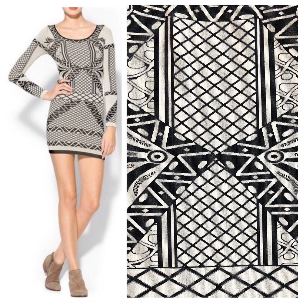 Free People bodycon long-sleeve minidress stretchy tan black print sexy XS/S